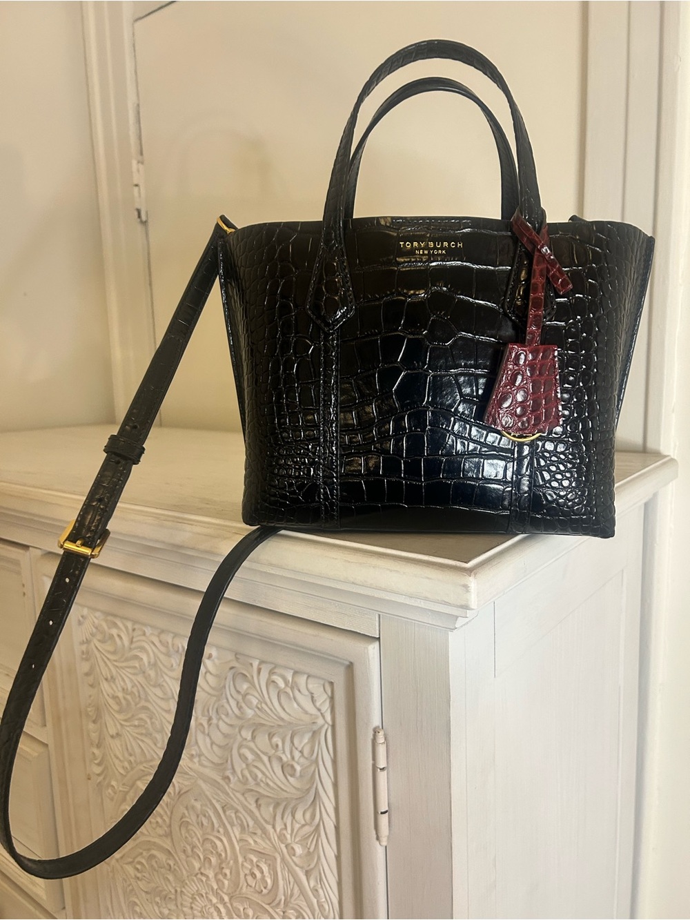 Tory Burch Black Croc-Embossed Leather Satchel with Burgundy Tag